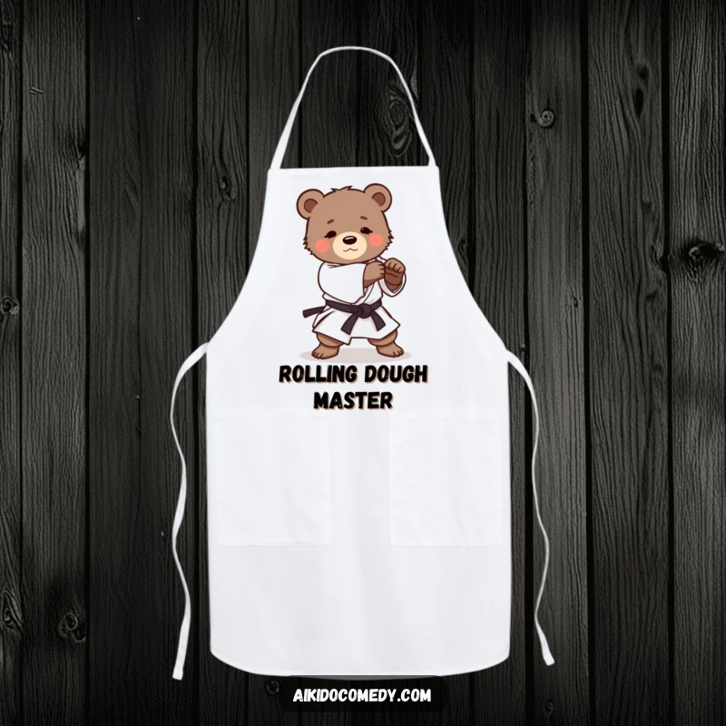 Funny apron showing a determined bear cub in a martial arts uniform practicing a gentle Aikido roll while cooking.