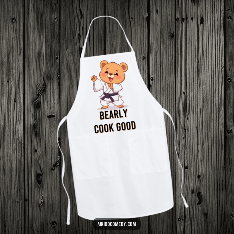 Funny bear cub in gi doing an Aikido stance in the kitchen on an apron. Hilarious funny gift.