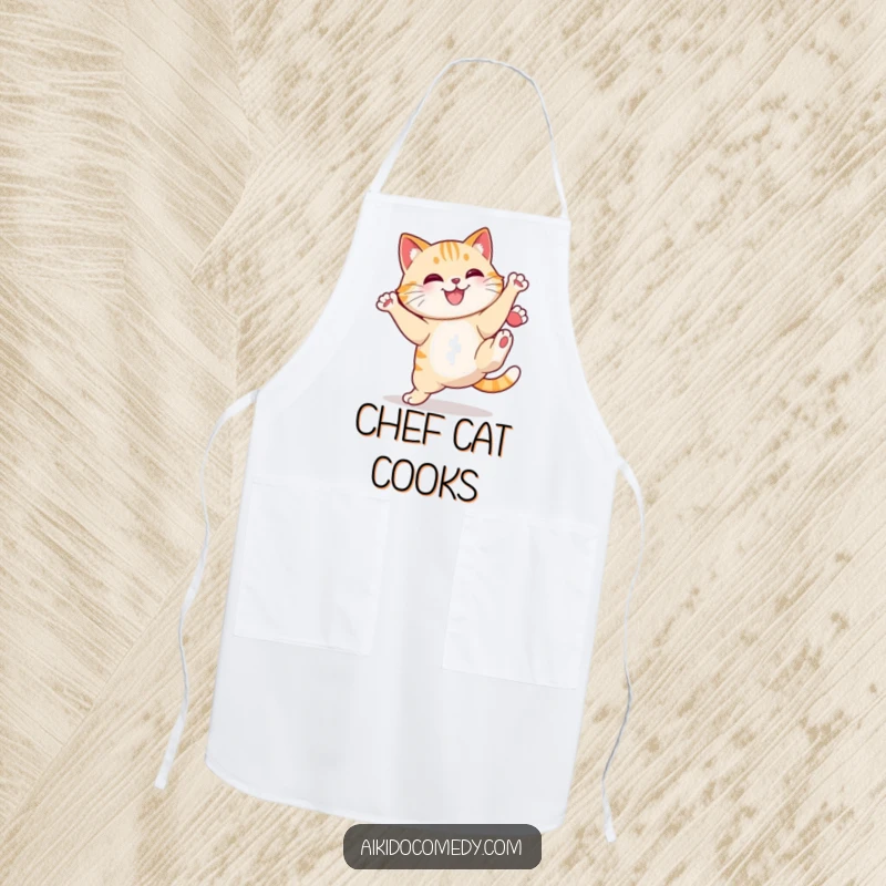 Funny cat doing a high kick on a cooking apron. Practical and hilarious funny gift.