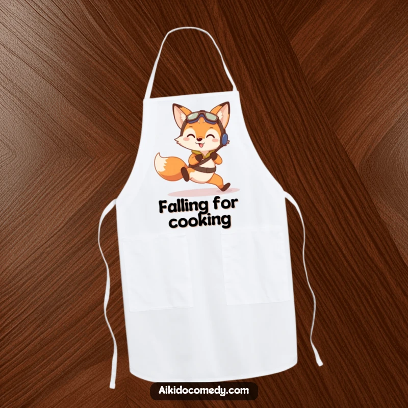 Funny apron showing a curious fox in training gear doing a gentle practice fall, perfect for kitchen activities.