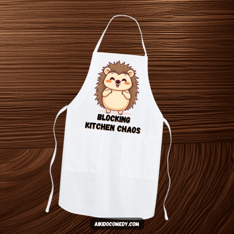 Funny apron showing a happy hedgehog practicing a circular blocking motion with its paws, perfect for kitchen activities.