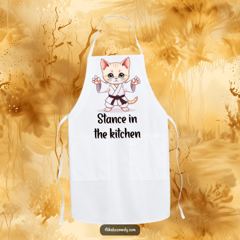 Funny apron showing a playful kitten mimicking a graceful Aikido stance with focused eyes, perfect for kitchen duties.