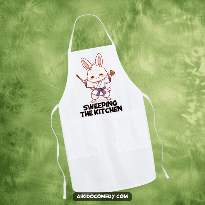 Funny apron showing a fluffy bunny in a gi playfully attempting an Aikido sweeping technique, perfect for kitchen activities.