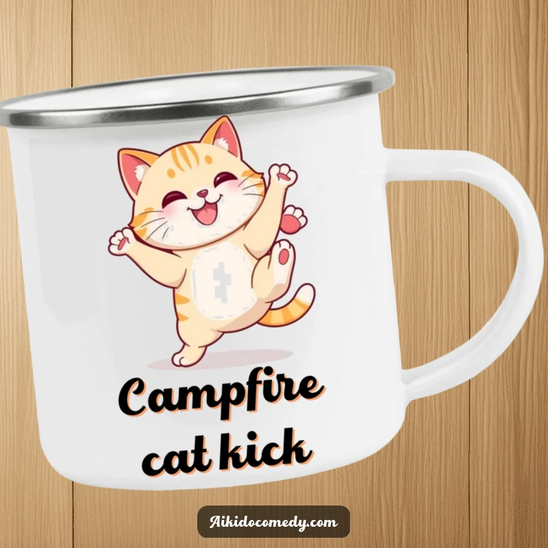 Funny cat doing a high kick on a metal camping mug. Adventurous and funny gift.