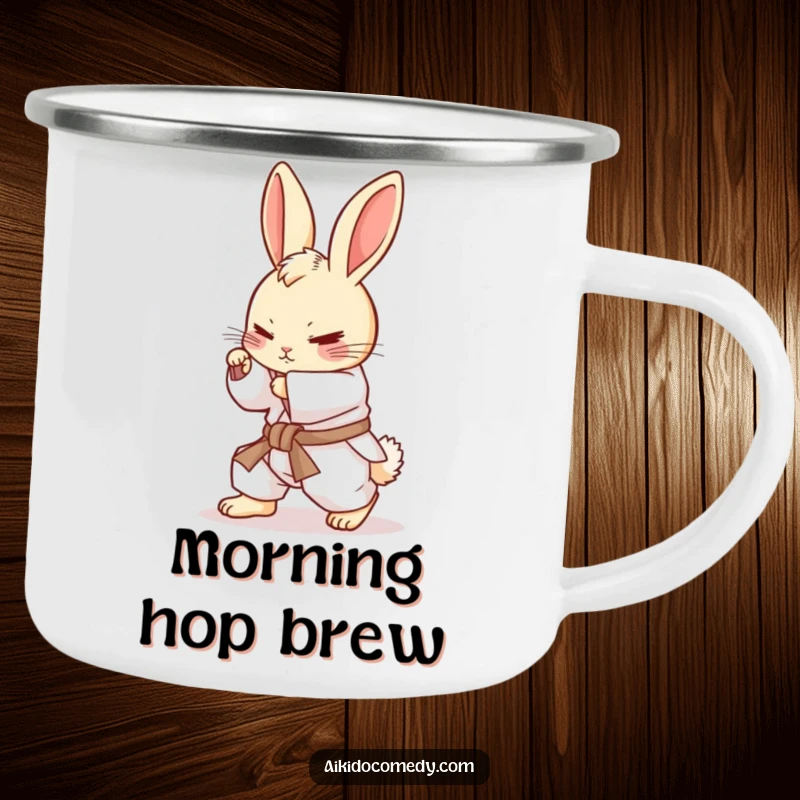 Funny bunny in gi rolling on a metal camping mug. Outdoorsy and funny gift.