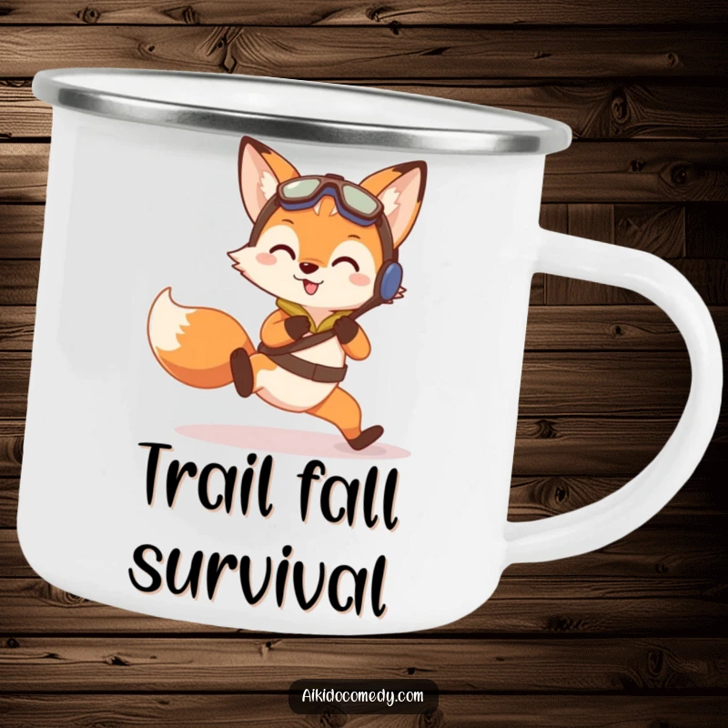 Funny camping mug showing a curious fox in training gear doing a gentle practice fall, ideal for outdoor use.