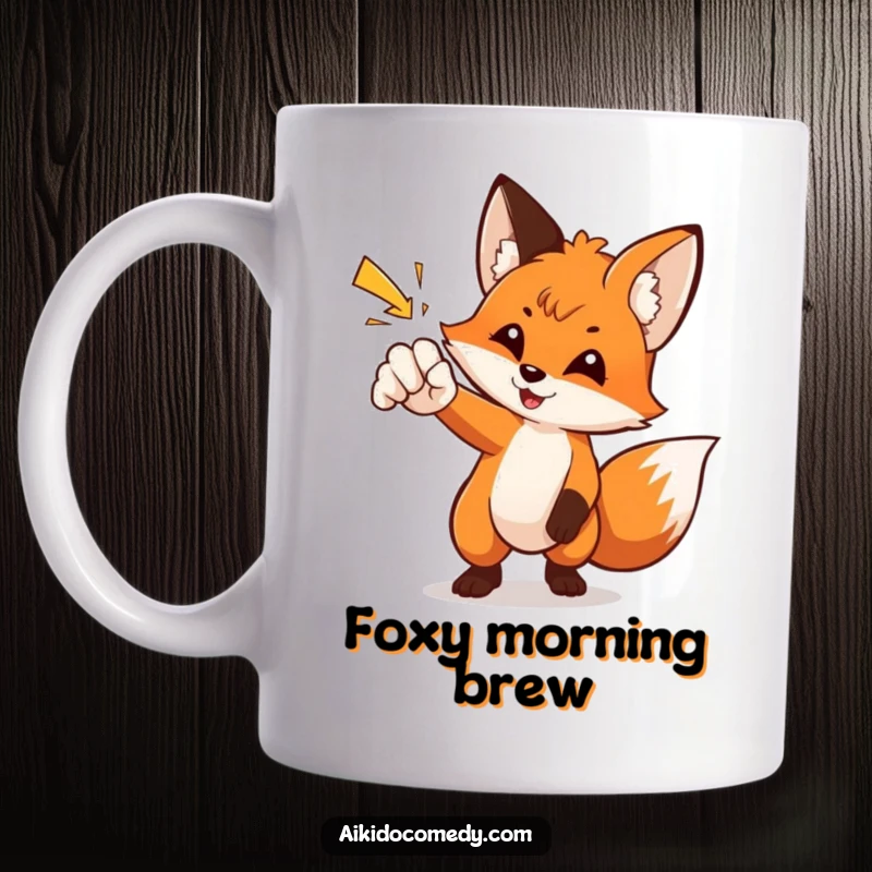 Funny fox gracefully deflecting a flying punch with its paw on a mug. Clever martial arts humor.
