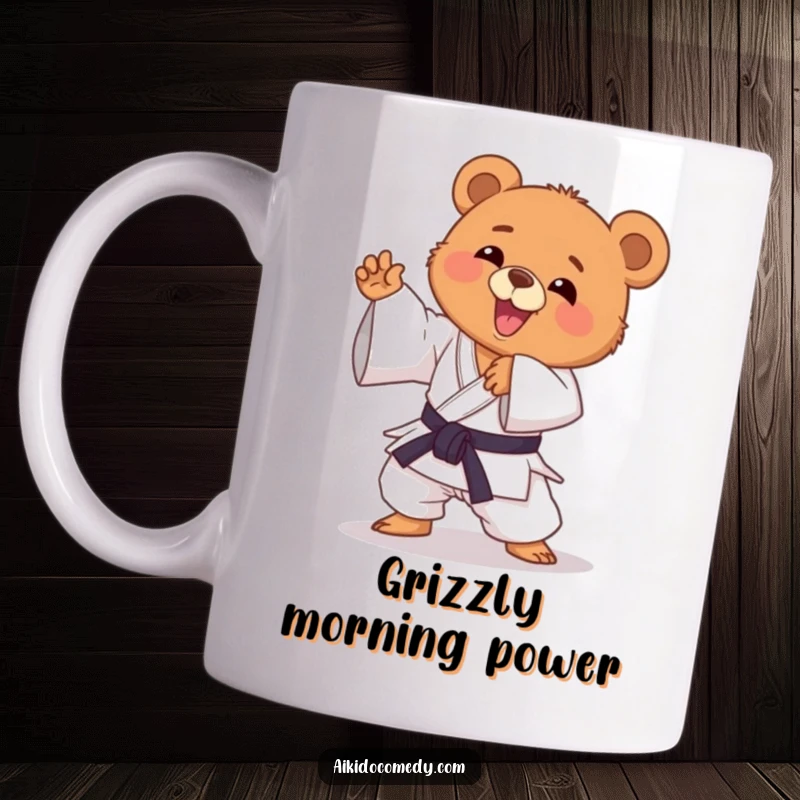 Funny bear cub in gi doing Aikido pose, looking happy and playful. A delightful gift for martial arts fans.