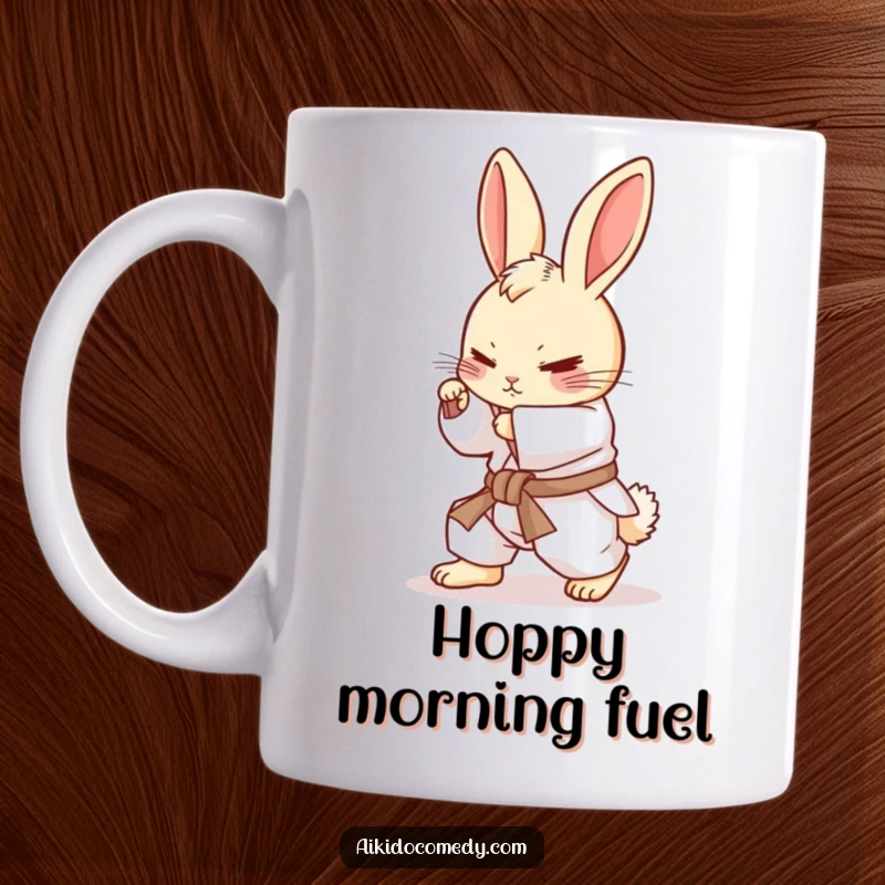 Funny determined bunny in white gi practicing a rolling motion on a mug. Cute martial arts humor.