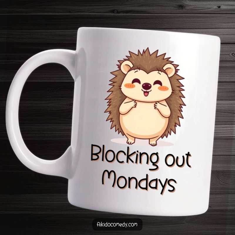 Funny mug showing a happy hedgehog practicing a circular blocking motion with its paws, looking determined and cute.