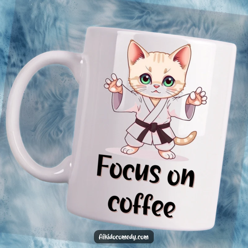 Funny mug showing a playful kitten mimicking a graceful Aikido stance with intensely focused eyes and poised paws.