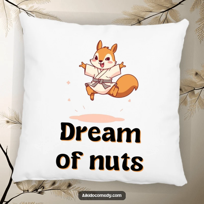 Funny squirrel in gi leaping on a pillow. Soft, cute, and a funny gift.