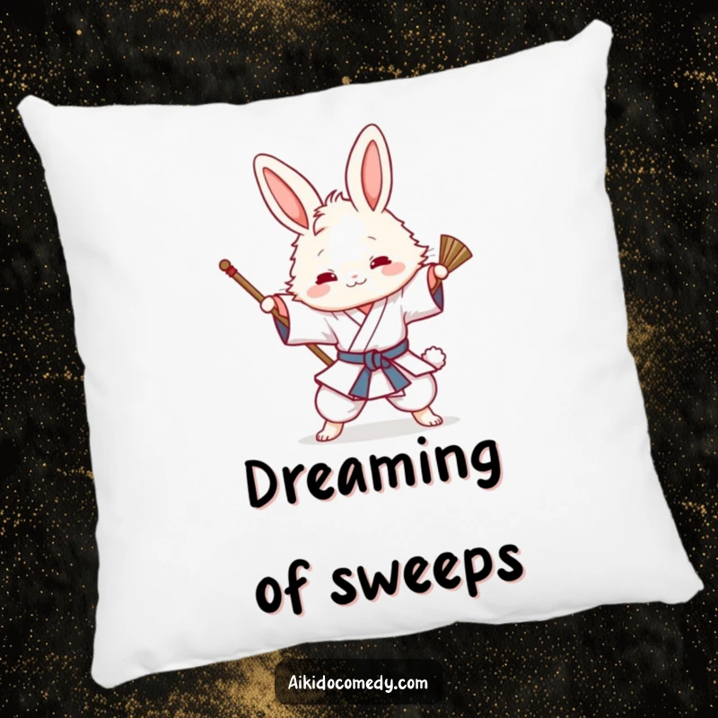 Funny pillow with a fluffy bunny in a gi playfully attempting an Aikido sweeping technique, offering comfort and whimsical charm.