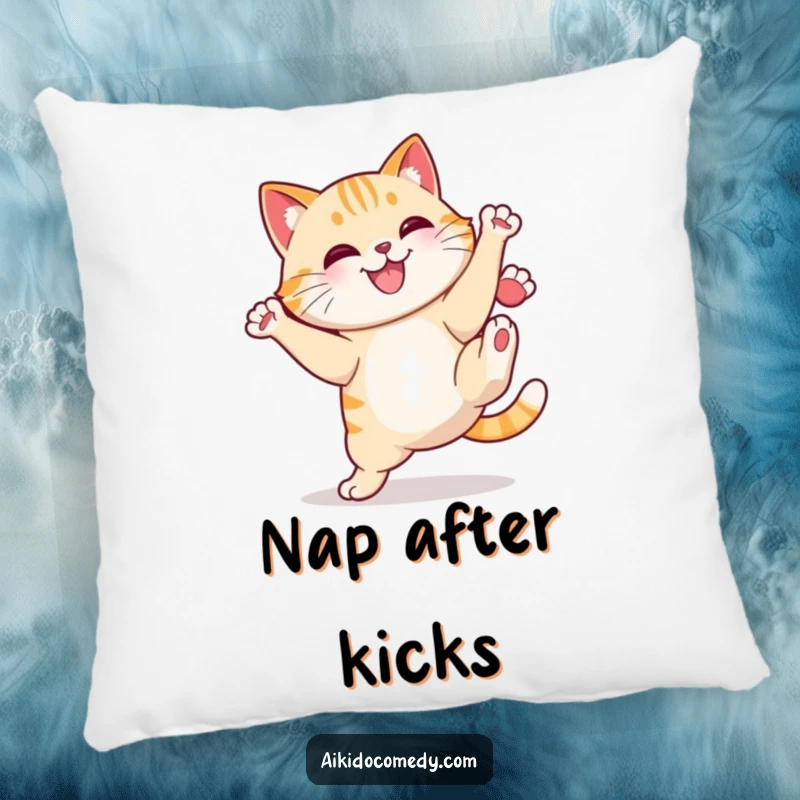 Funny cat doing a high kick on a pillow. Soft, cute, and a funny gift.