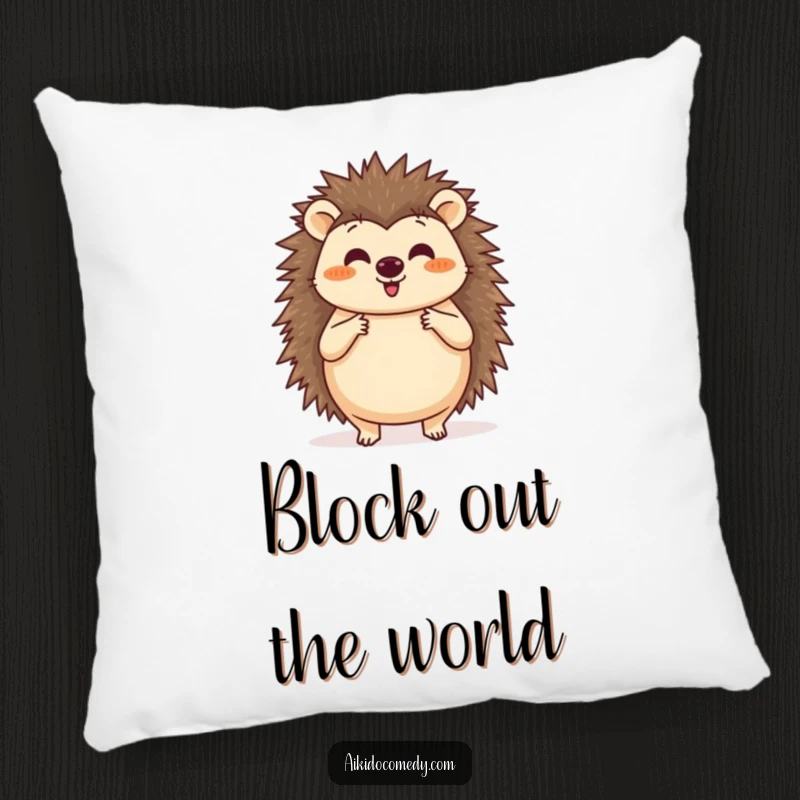 Funny pillow with a happy hedgehog practicing a circular blocking motion with its paws, offering comfort and a cute design.