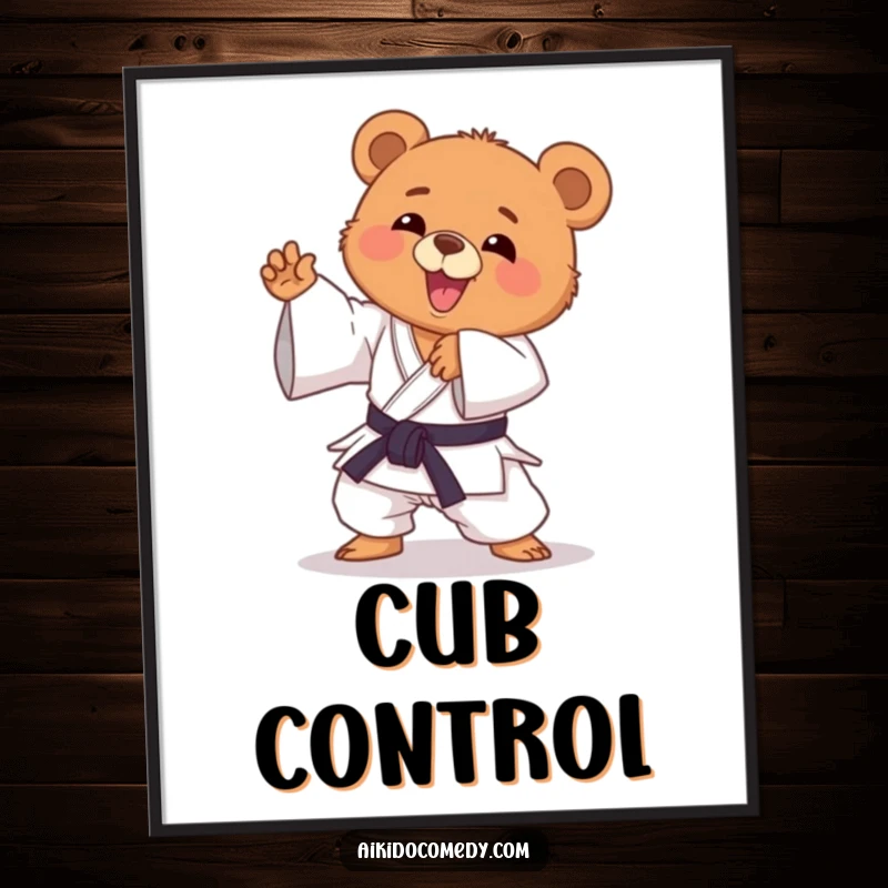 Funny bear cub in gi performing a dynamic Aikido pose. Instant digital download art, perfect funny gift.