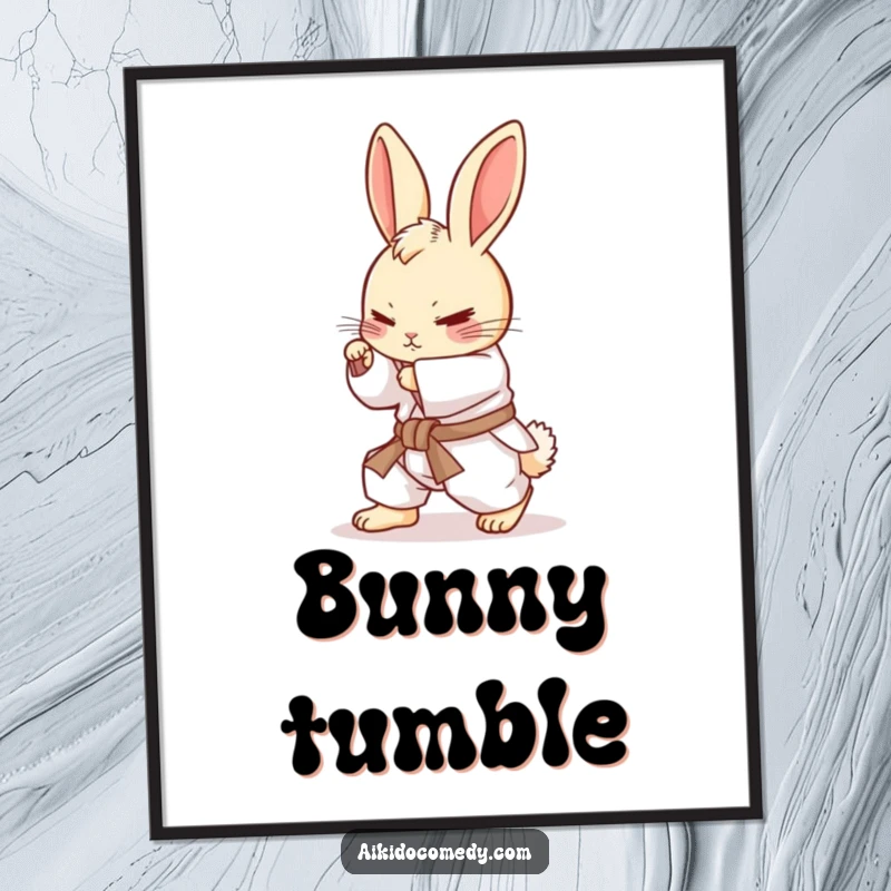 Funny determined bunny in white gi rolling. Instant digital art print, perfect funny gift.