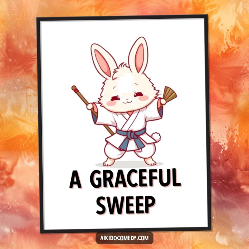 Funny digital art print of a fluffy bunny in a gi playfully attempting an Aikido sweeping technique, ready for framing.