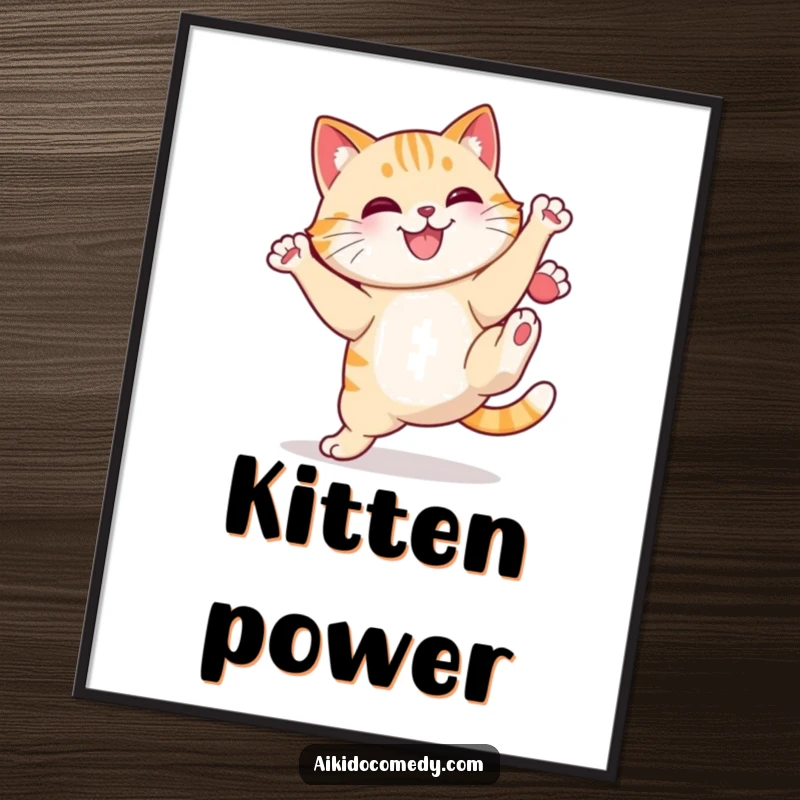 Funny cat doing a high kick with a determined smile. Instant digital art print, perfect funny gift.