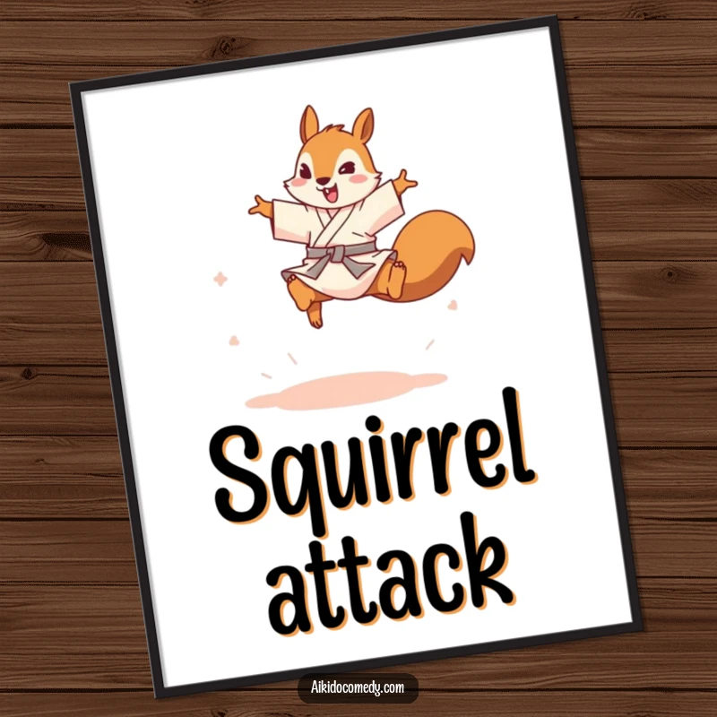 Funny playful squirrel in gi leaping over an imaginary opponent. Instant digital art print, perfect funny gift.