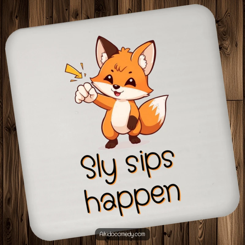 Funny fox deflecting a punch on a drink coaster. A witty accessory, a funny gift.