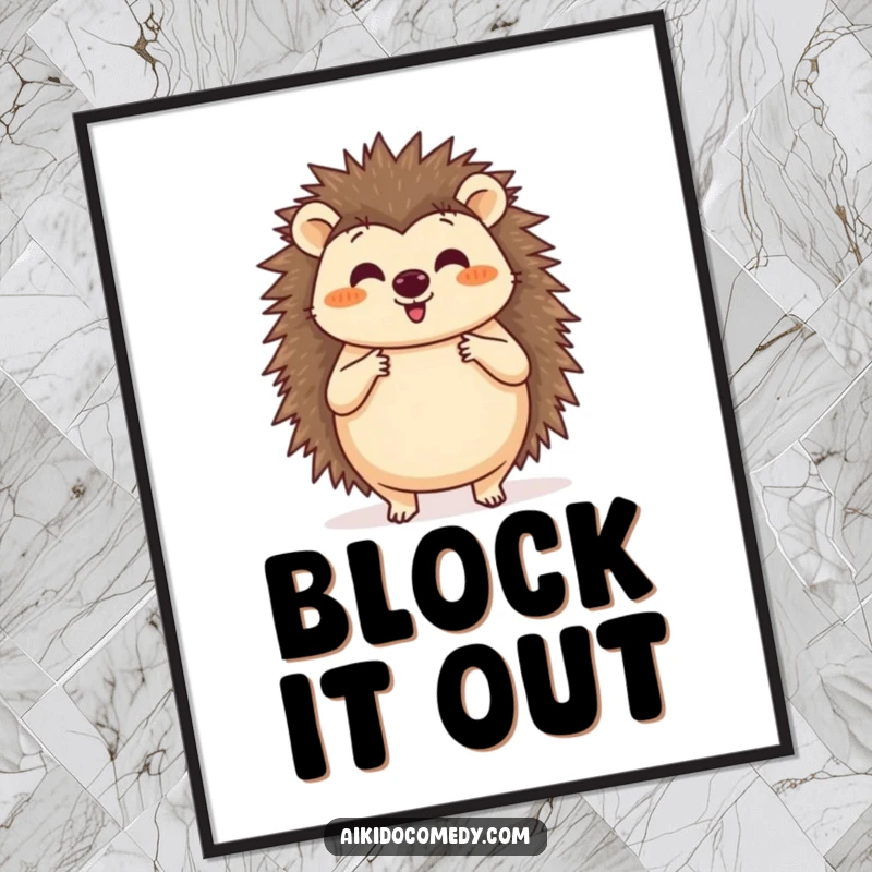Funny poster featuring a happy hedgehog practicing a circular blocking motion with its paws, radiating protective charm.