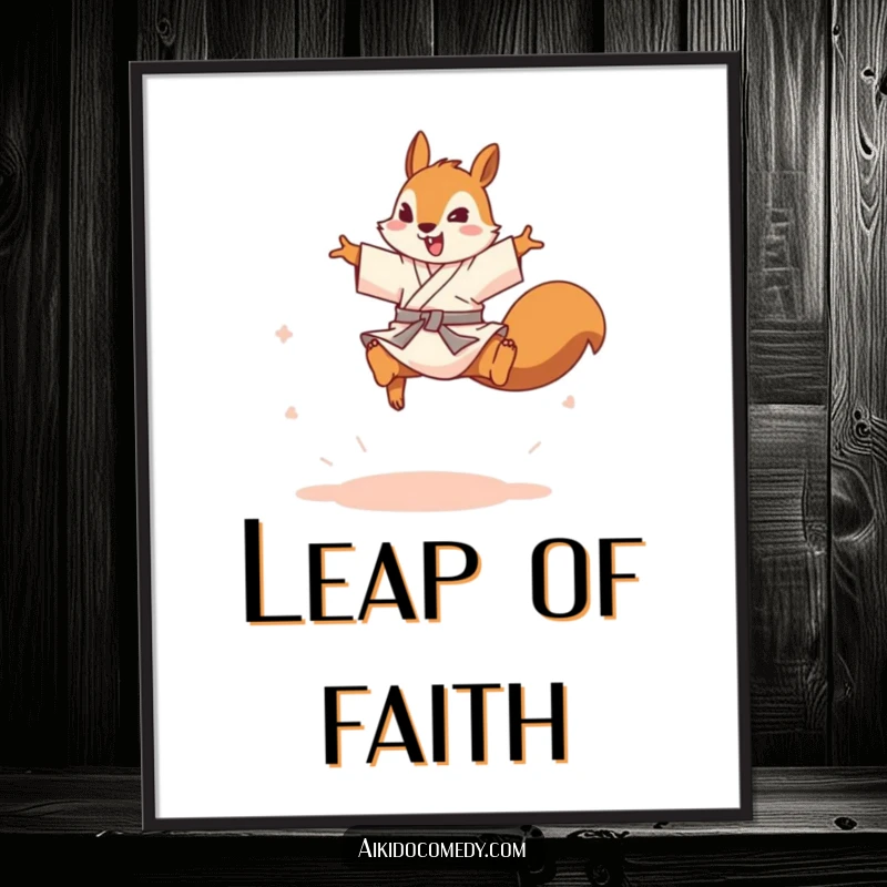 Funny squirrel in gi leaping over an imaginary opponent on a poster. Dynamic wall art, funny gift.