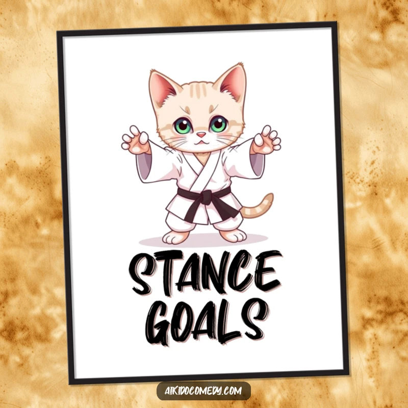Funny poster featuring a playful kitten mimicking a graceful Aikido stance with sharp, focused eyes, ready to frame.