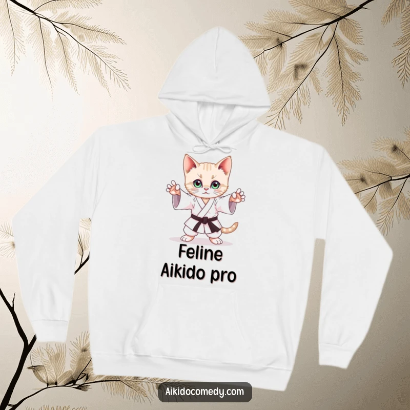 Funny hoodie showing a playful kitten mimicking a graceful Aikido stance with intent focus, perfect for staying warm.