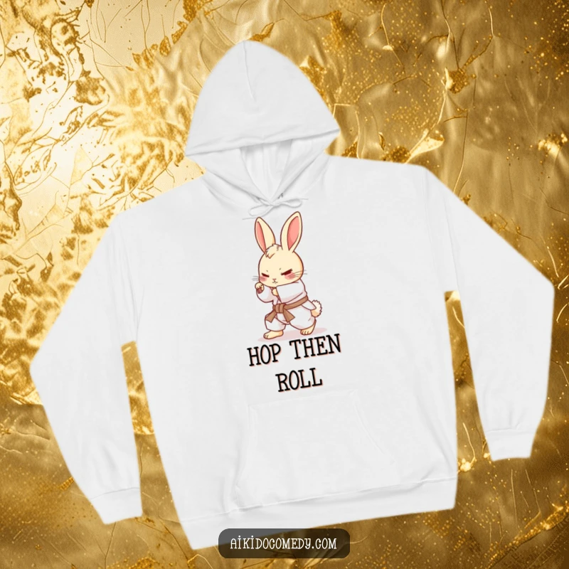 Funny bunny in gi rolling on a hoodie. Soft, warm, and a funny gift.