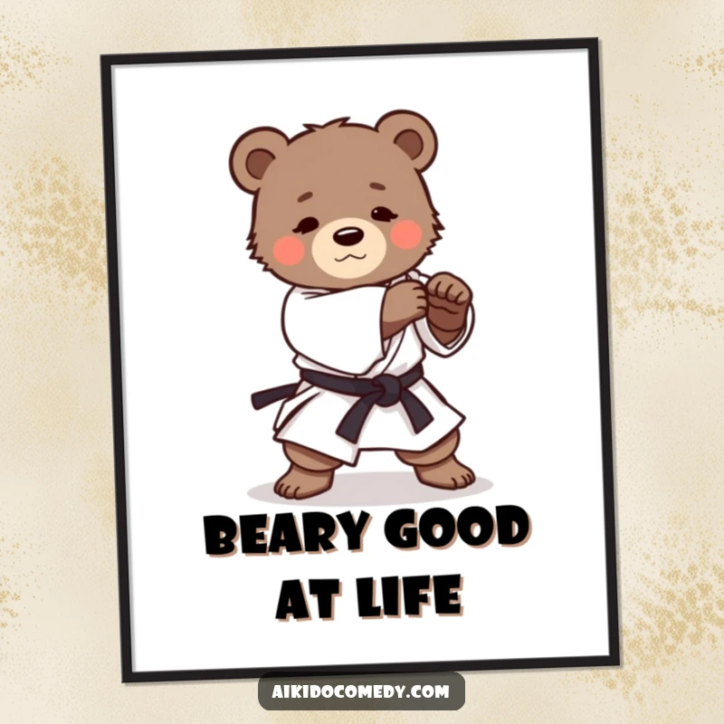 Funny Free Printable Wall Art of a determined bear cub in a gi practicing a gentle Aikido roll with focused intensity.