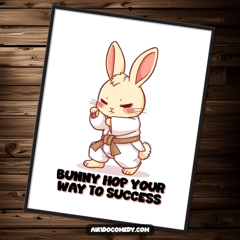 Funny Free Printable Wall Art featuring a determined bunny in a white gi, mastering a rolling motion with great focus.