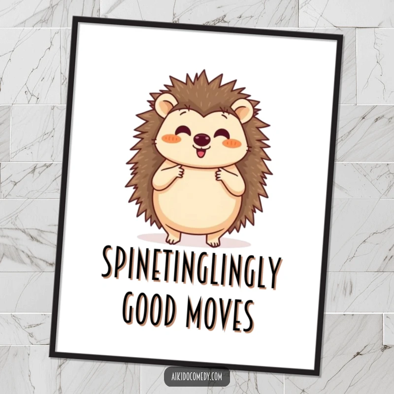 Funny Free Printable Wall Art of a happy hedgehog practicing a circular Aikido blocking motion with its paws in a defensive stance.