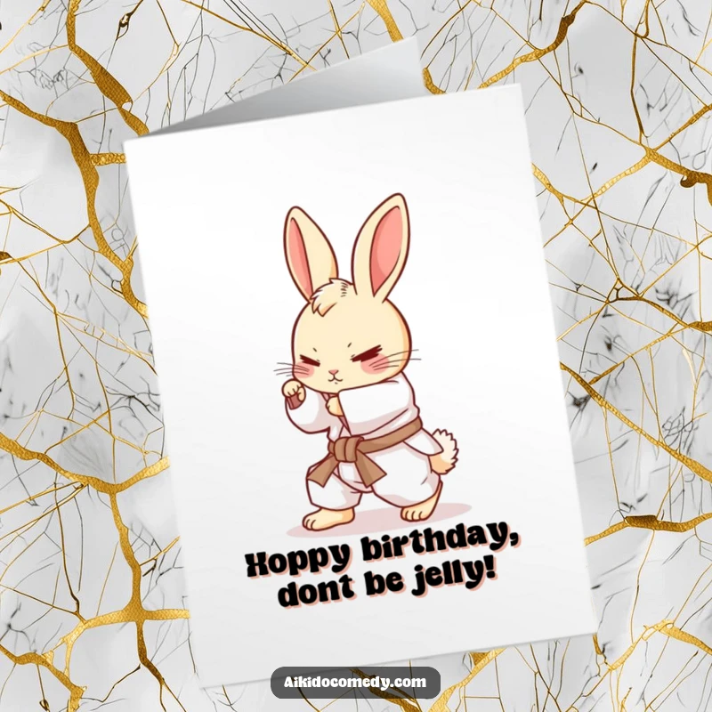 Funny Free Printable Birthday Card featuring a determined bunny in a white gi, focused on practicing a rolling motion.