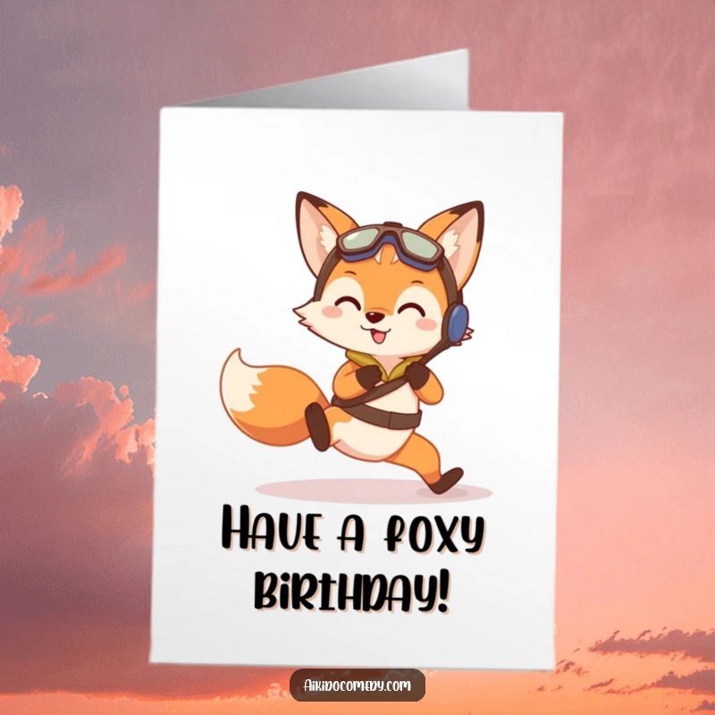 Funny Free Printable Birthday Card featuring a curious fox in training gear humorously doing a gentle Aikido practice fall.