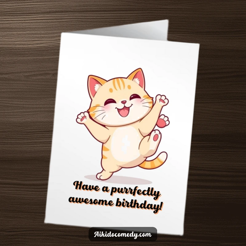 Funny Free Printable Birthday Card featuring a cheerful cat with a determined smile, executing a powerful high kick.