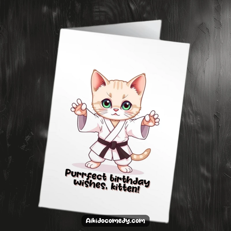 Funny Free Printable Birthday Card featuring a playful kitten mimicking a graceful Aikido stance with intense, focused eyes.
