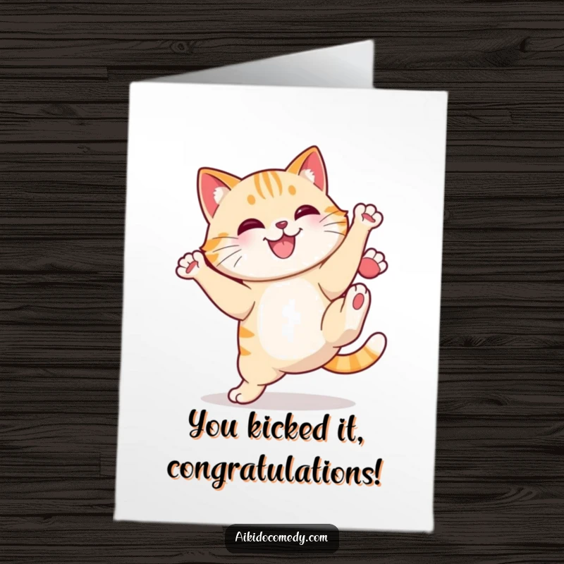 Funny Free Printable Congratulations Card showing a cheerful cat with a determined smile, landing a perfect high kick.