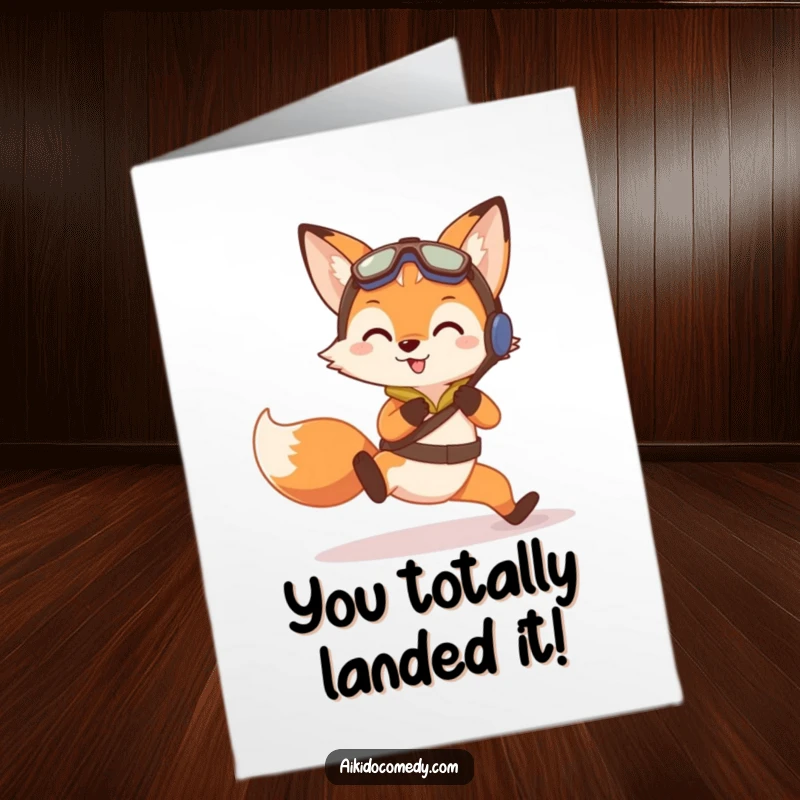 Funny Free Printable Congrats Card of a curious fox in training gear executing a gentle Aikido practice fall with a surprised look.
