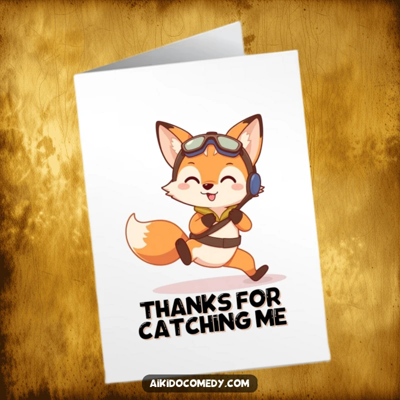 Funny Free Printable Thank You Card with a curious fox in training gear doing a gentle Aikido practice fall, looking a bit surprised.