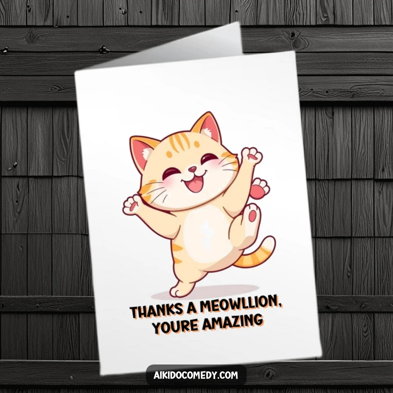 Funny Free Printable Thank You Card with a cheerful cat doing a high kick with a determined smile, expressing gratitude.