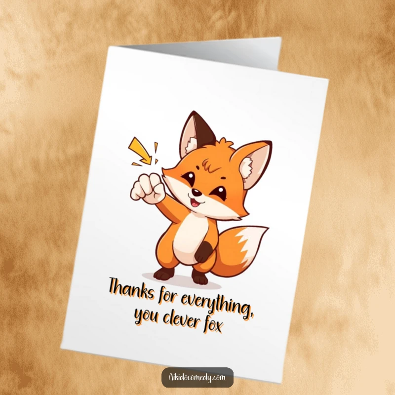 Funny Free Printable Thank You Card with a curious fox gracefully deflecting a flying punch with its paw, showing quick wit.