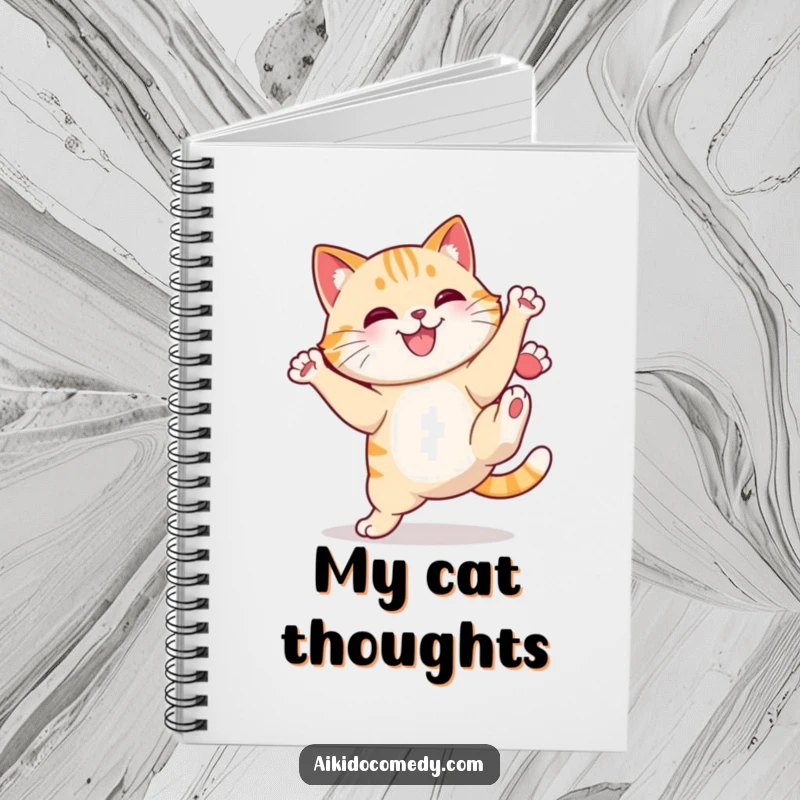 Funny cat doing a high kick on a notebook cover. Great for notes, a funny gift.