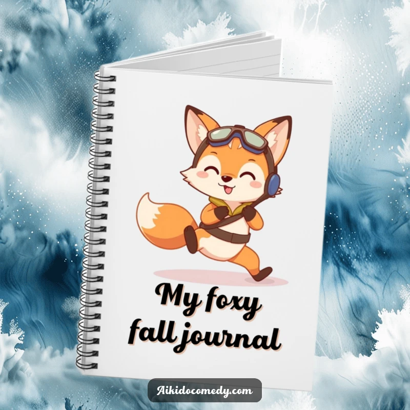 Funny notebook cover with a curious fox in training gear doing a gentle practice fall, ready for writing.