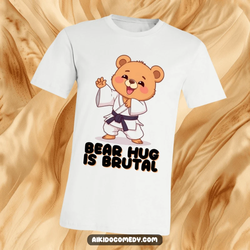 Funny bear cub in gi striking a playful Aikido pose on a t-shirt. Ideal funny gift for martial arts lovers.