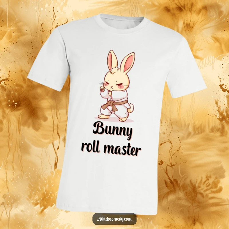 Funny determined bunny in white gi practicing a rolling motion on a t-shirt. Adorable and funny gift.