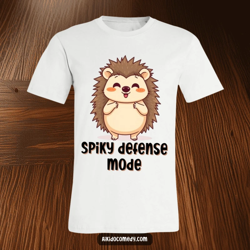 Funny t-shirt depicting a happy hedgehog practicing a circular blocking motion with its paws, radiating cheerful defense.