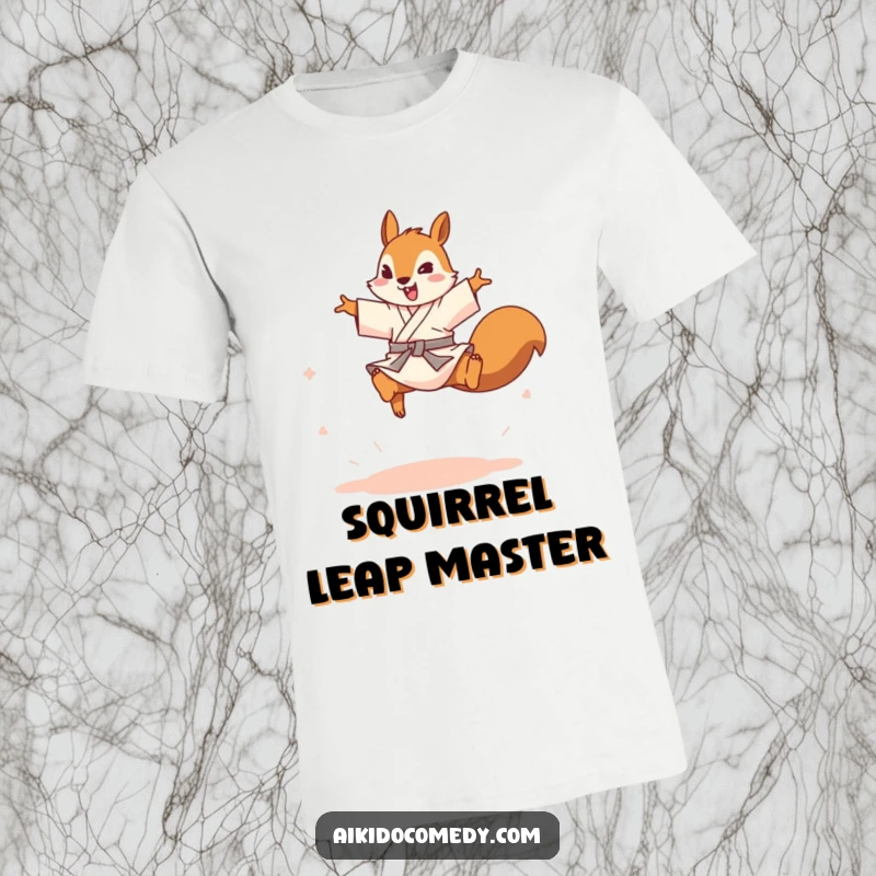 Funny playful squirrel in gi leaping over an imaginary opponent on a t-shirt. Energetic and funny gift.