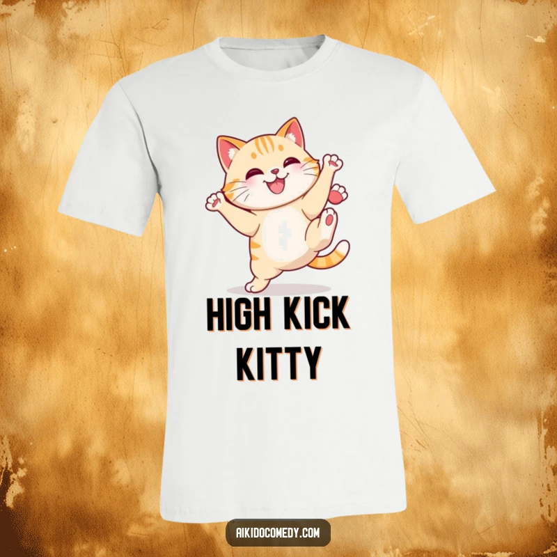 Funny cat doing a high kick with a determined smile on a t-shirt. Unleash your inner warrior.