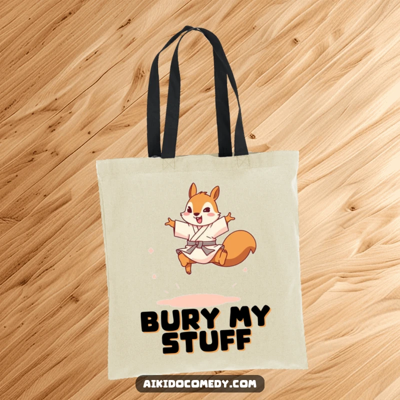 Funny squirrel in gi leaping over an imaginary opponent on a tote bag. Practical and funny gift.